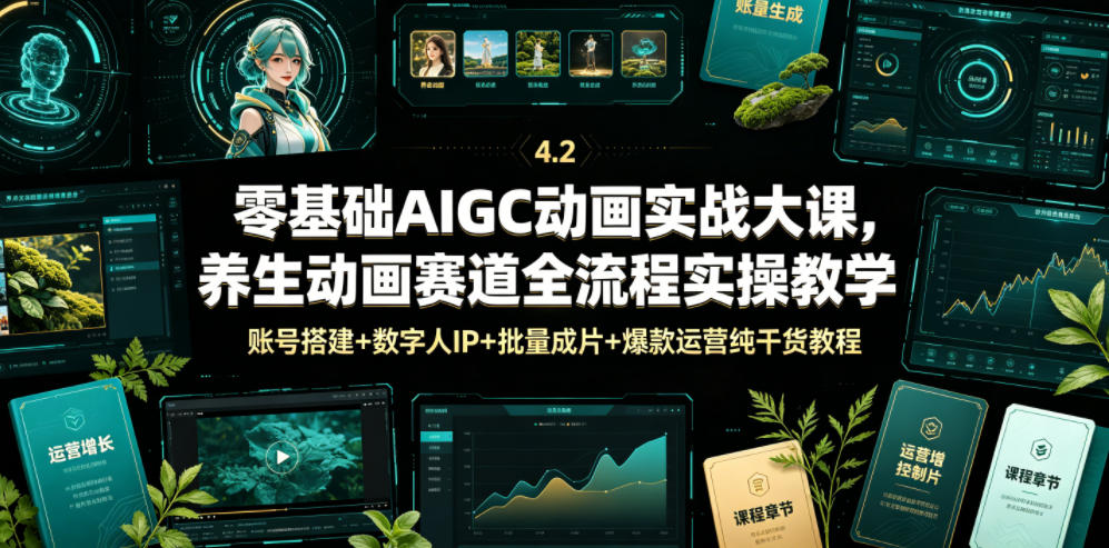 零基础AIGC动画实战大课，养生动画赛道全流程实操教学，账号搭建+数字人IP+批量成片+爆款运营纯干货教程-御文网