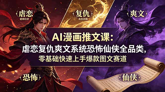 AI漫画推文课：虐恋复仇爽文系统恐怖仙侠全品类，零基础快速上手爆款图文赛道-御文网