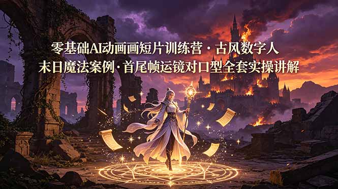 零基础AI动画短片训练营，古风数字人末日魔法案例，首尾帧运镜对口型全套实操讲解-御文网