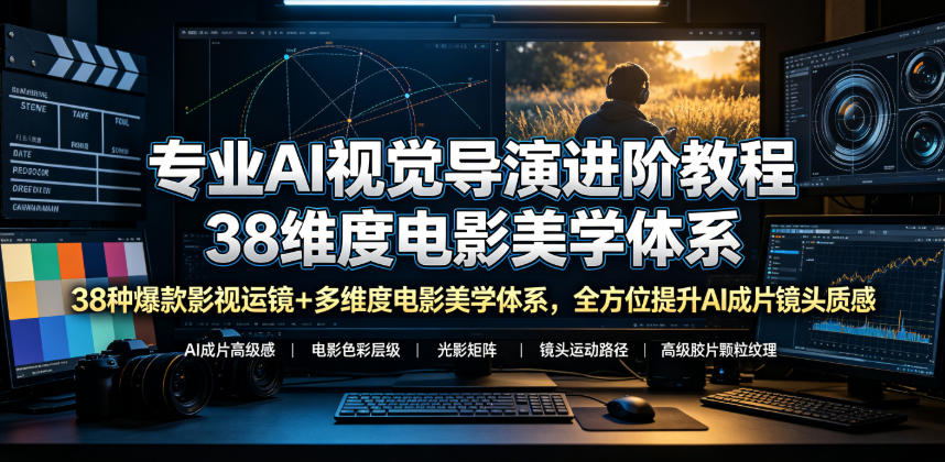 专业AI视觉导演进阶教程，38种爆款影视运镜+多维度电影美学体系，全方位提升AI成片高级感与镜头质感-御文网