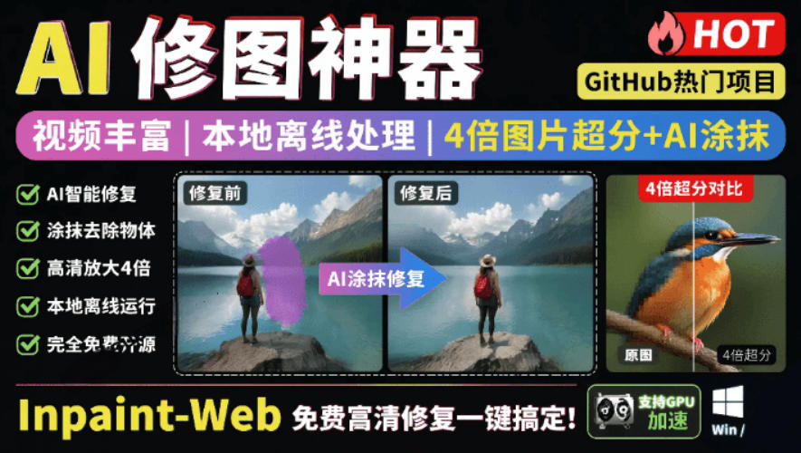 本地离线处理，4倍图片超分+AI涂抹去水印！Github上热门神器，免费高清修复图一键搞定！Inpaint-Web-御文网