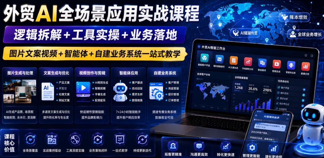 外贸AI全场景应用实战课程｜逻辑拆解+工具实操+业务落地，图片文案视频+智能体+自建业务系统一站式教学-御文网