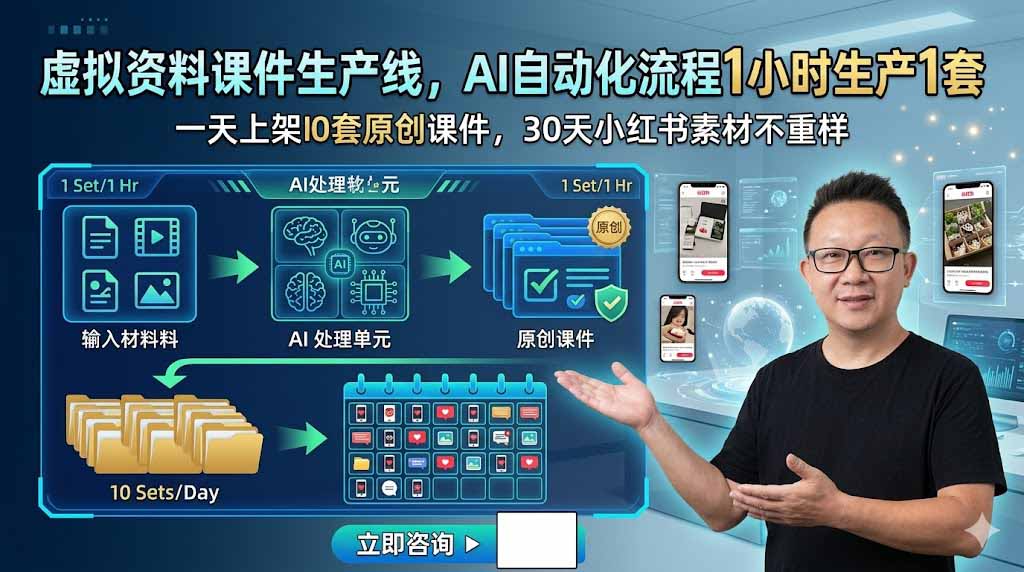 虚拟资料课件生产线，AI自动化流程1小时生产1套，一天上架10套原创课件，30天小红书素材不重样-御文网
