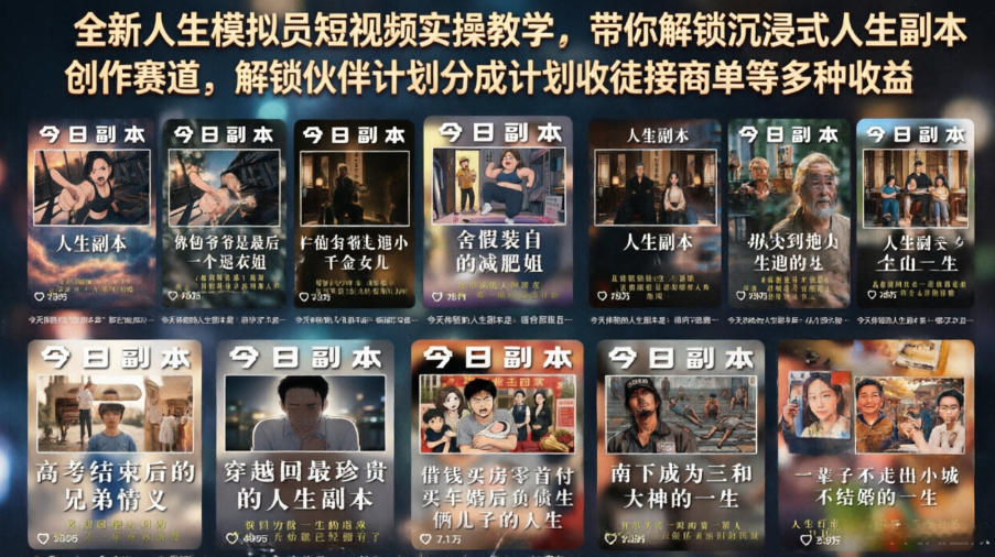 全新人生模拟员短视频实操教学，带你解锁沉浸式人生副本创作赛道，解锁伙伴计划分成计划收徒接商单等多种收益-御文网
