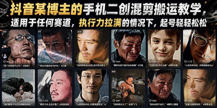 抖音某博主的手机二创混剪搬运教学，适用于任何赛道，执行力拉满的情况下，起号轻轻松松-御文网