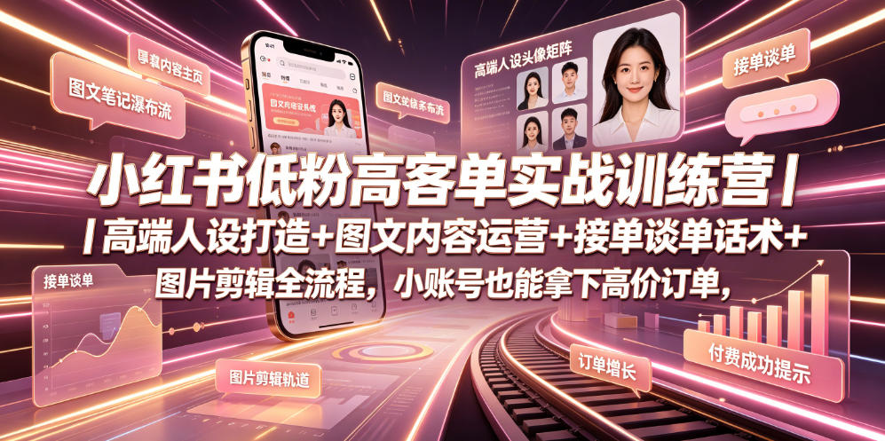 小红书低粉高客单实战训练营｜高端人设打造+图文内容运营+接单谈单话术+图片剪辑全流程，小账号也能拿下高价订单-御文网