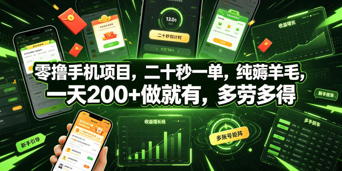 零撸手机项目，二十秒一单，纯薅羊毛，一天200+做就有，多劳多得【揭秘】-御文网