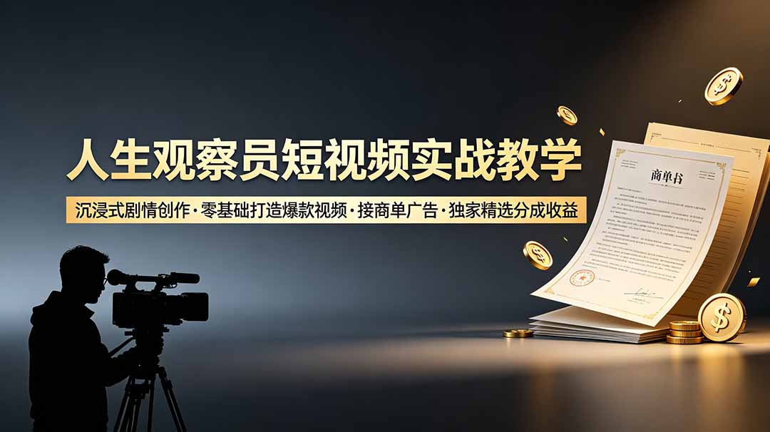 人生观察员短视频实战教学，沉浸式剧情创作，零基础打造爆款视频，接商单广告，独家精选分成收益-御文网
