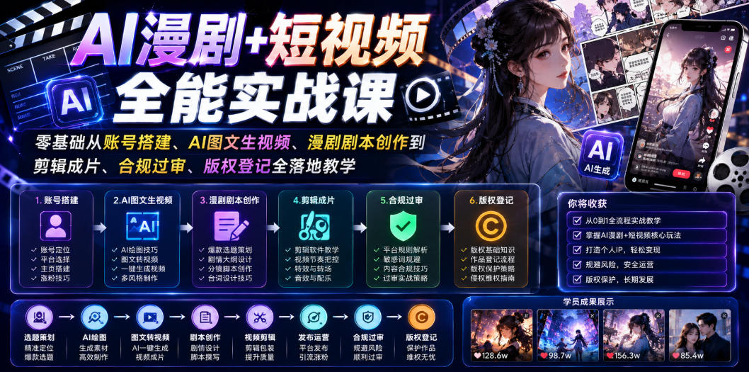 AI漫剧+短视频全能实战课｜零基础从账号搭建、AI图文生视频、漫剧剧本创作到剪辑成片、合规过审、版权登记全落地教学-御文网