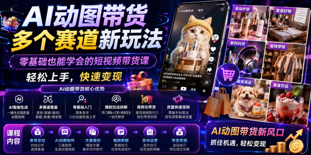 AI动图带货多个赛道新玩法，零基础也能学会的短视频带货课，轻松上手，快速变现-御文网