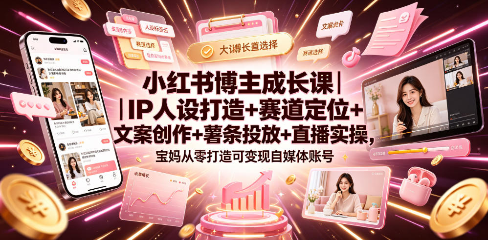 小红书博主成长课｜IP人设打造+赛道定位+文案创作+薯条投放+直播实操，宝妈从零打造可变现自媒体账号-御文网