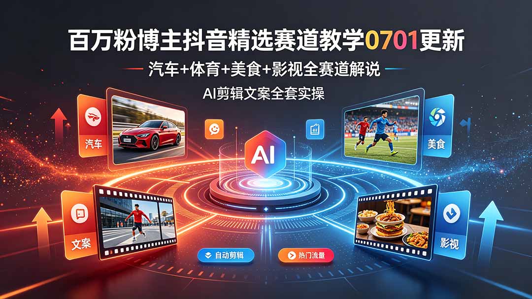 百万粉博主抖音精选赛道教学-0701更新，汽车+体育+美食+影视全赛道解说，AI剪辑文案全套实操-御文网