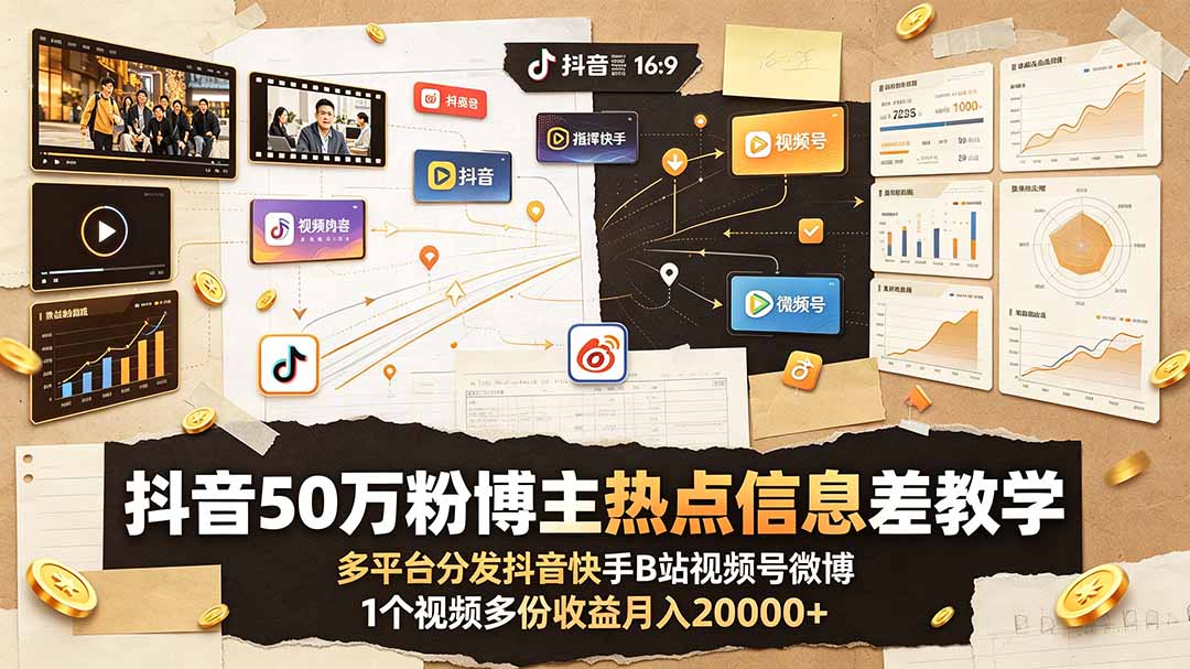 抖音50万粉博主热点信息差教学：多平台分发抖音快手B站视频号微博，1个视频多份收益月入20000+-御文网