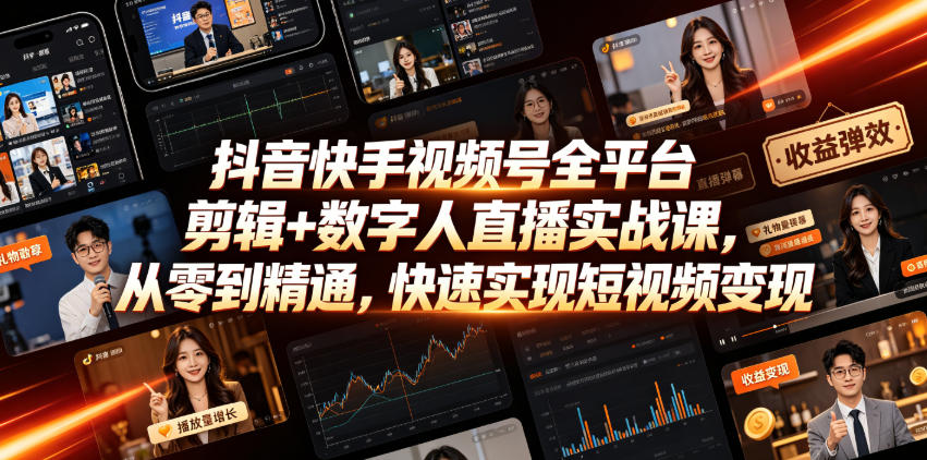 抖音快手视频号全平台剪辑+数字人直播实战课，从零到精通，快速实现短视频变现(更新2026年6月)​-御文网