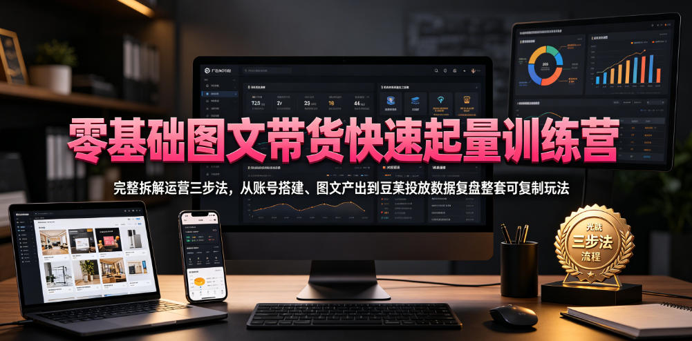 零基础图文带货快速起量训练营，完整拆解运营三步法，从账号搭建、图文产出到豆荚投放数据复盘整套可复制玩法-御文网