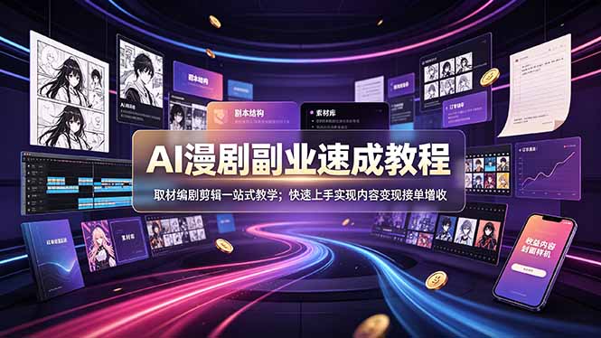 AI漫剧副业速成教程，取材编剧剪辑一站式教学；快速上手实现内容变现接单增收-御文网