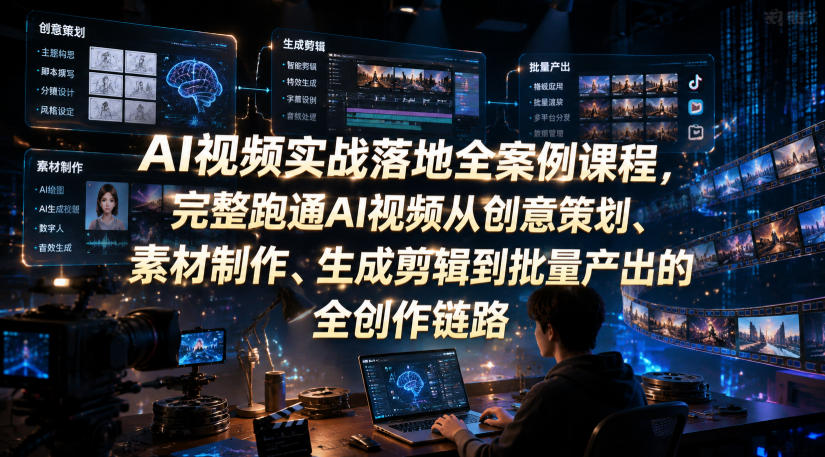 AI视频实战落地全案例课程，完整跑通AI视频从创意策划、素材制作、生成剪辑到批量产出的全创作链路-御文网