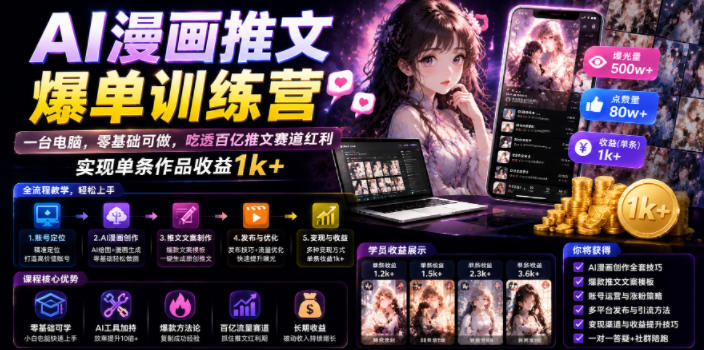AI漫画推文爆单训练营，一台电脑，零基础可做，吃透百亿推文赛道红利，实现单条作品收益1k+-御文网