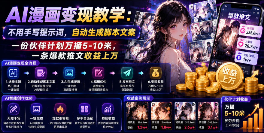 AI漫画变现教学：不用手写提示词，自动生成脚本文案，一份伙伴计划万播5-10米，一条爆款推文收益上W-御文网