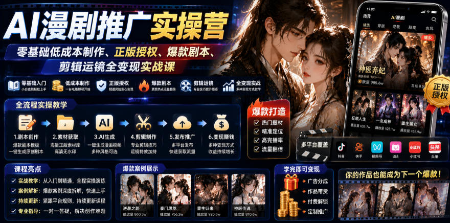 AI漫剧推广实操营｜零基础低成本制作、正版授权、爆款剧本、剪辑运镜全变现实战课-御文网