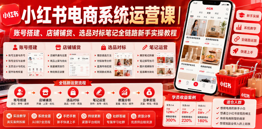 小红书电商系统运营课|账号搭建、店铺铺货、选品对标笔记全链路新手实操教程-御文网