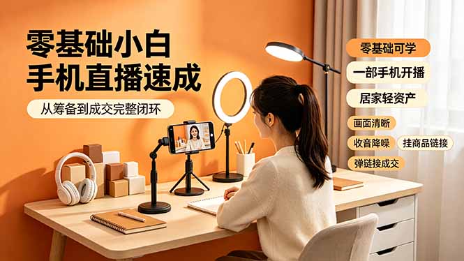 零基础小白手机直播速成，从筹备到成交完整闭环，适配苹果安卓系统，解决杂音卡顿留人难问题-御文网