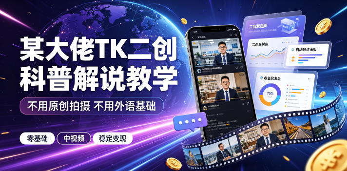 某大佬TK二创科普解说教学,不用原创拍摄不用外语基础,零基础做TikTok中视频稳定变现-御文网