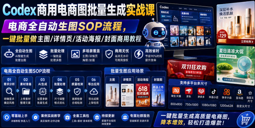 Codex商用电商图批量生成实战课｜电商全自动生图SOP流程，一键批量做主图/详情页/活动海报/封面商用教程-御文网