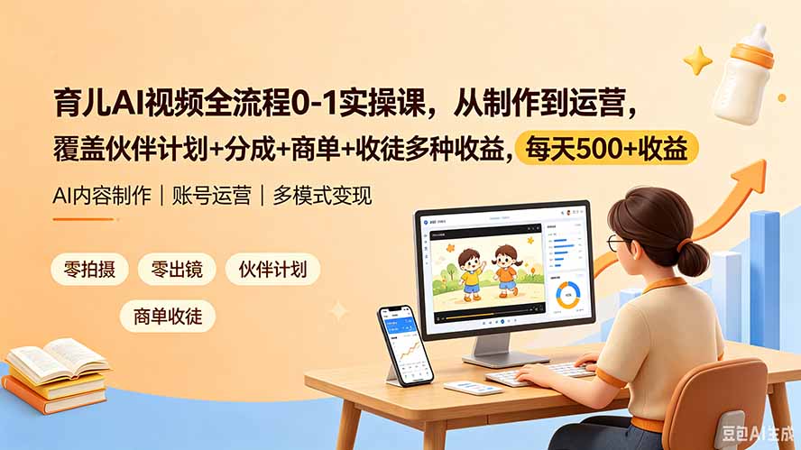 育儿AI视频全流程0-1实操课，从制作到运营，覆盖伙伴计划+分成+商单+收徒多种收益，每天500+收益-御文网