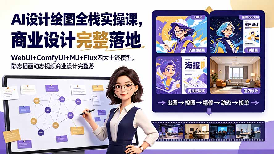 AI设计绘图全栈实操课,WebUI+ComfyUI+MJ+Flux四大主流模型,静态插画动态视频商业设计完整落地教程-御文网