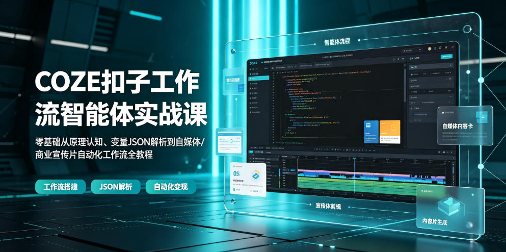 COZE扣子工作流智能体实战课｜零基础从原理认知、变量JSON解析到自媒体/商业宣传片自动化工作流全教程-御文网