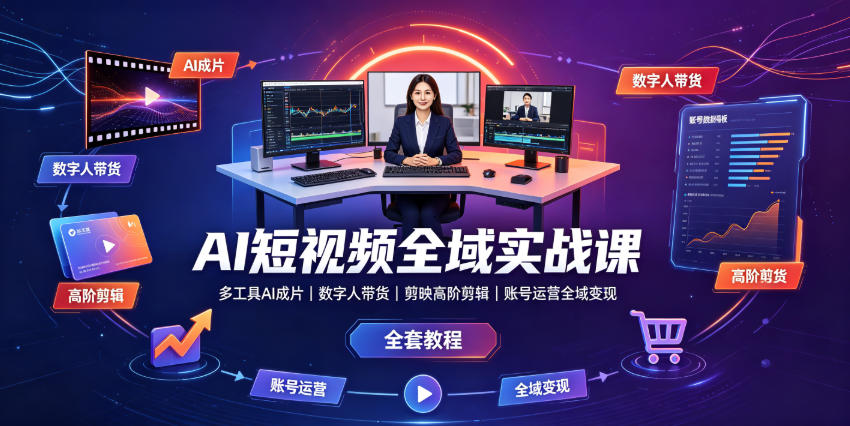 AI短视频全域实战课｜多工具AI成片、数字人带货、剪映高阶剪辑、账号运营全域变现全套教程-御文网