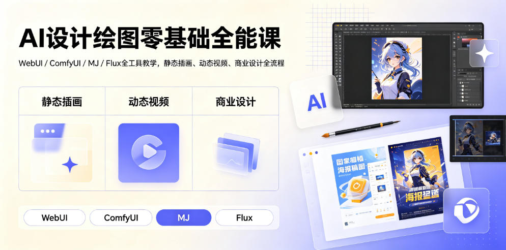 AI设计绘图零基础全能课｜WebUI/ComfyUI/MJ/Flux全工具教学，静态插画、动态视频、商业设计全流程-御文网
