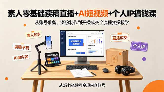 素人零基础读稿直播+AI短视频+个人IP搞钱课，从账号准备、涨粉制作到开播成交全流程实操教学-御文网