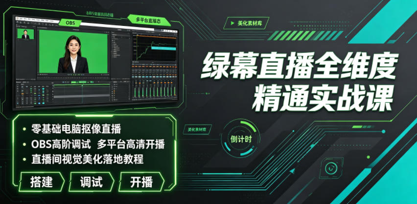 绿幕直播全维度精通实战课｜零基础电脑抠像直播、OBS高阶调试、多平台高清开播、直播间视觉美化落地教程-御文网