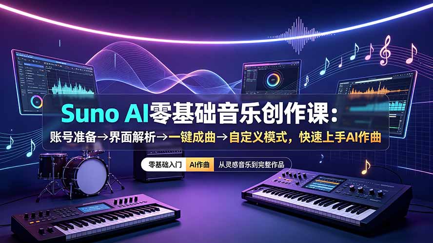 Suno AI零基础音乐创作课：账号准备→界面解析→一键成曲→自定义模式，快速上手AI作曲-御文网