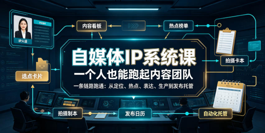 自媒体IP系统课，一个人也能跑起内容团队，一条链路跑通，从定位、热点、表达、生产到发布托管-御文网