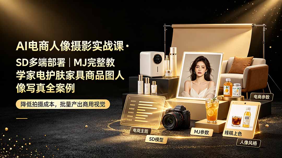 AI电商人像摄影实战课·SD多端部署｜MJ完整教学｜家电护肤家具商品图人像写真全案例-御文网