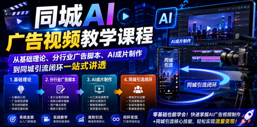 同城AI广告视频教学课程，从基础理论、分行业广告脚本、AI成片制作到同城引流闭环一站式讲透-御文网