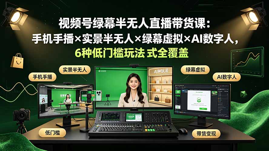 视频号绿幕半无人直播带货课:手机手播×实景半无人×绿幕虚拟×AI数字人,6种低门槛玩法全覆盖-御文网