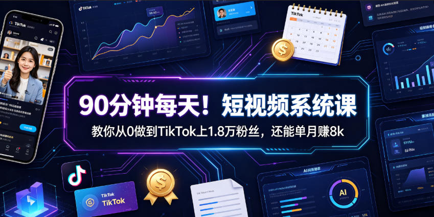 90分钟每天！短视频系统课教你从0做到TikTok上1.8万粉丝，还能单月賺8k【原创双语字幕】-御文网