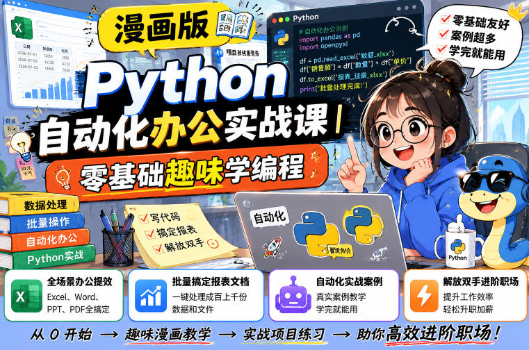 漫画版Python自动化办公实战课｜零基础趣味学编程，全场景办公提效、批量搞定报表文档、解放双手进阶职场-御文网