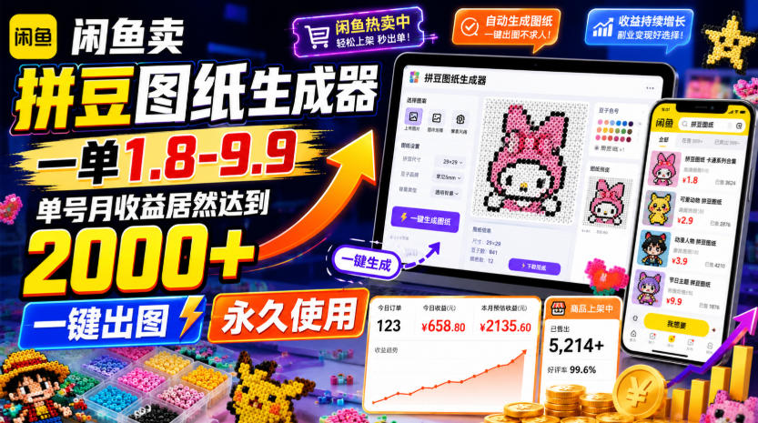 闲鱼卖拼豆图纸生成器，一单1.8-9.9，单号月收益居然达到2000+一键出图永久使用-御文网