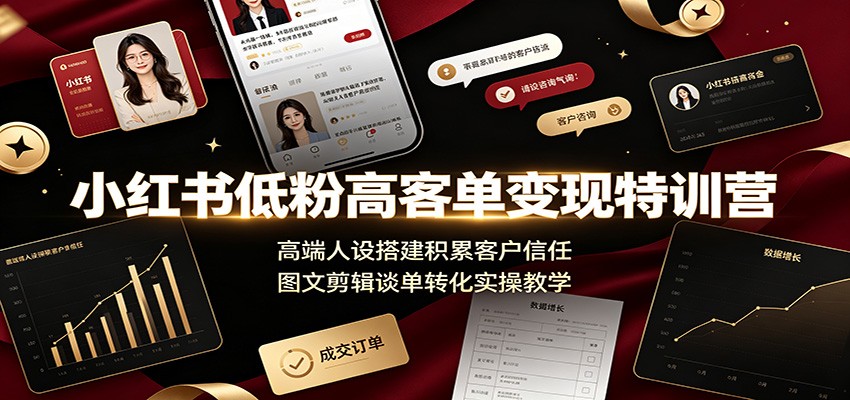 小红书低粉高客单变现特训营：高端人设搭建积累客户信任，图文剪辑谈单转化实操教学-御文网