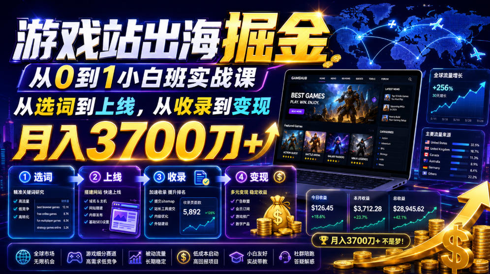 游戏站出海掘金从0到1小白实战课,从选词到上线,从收录到变现,月入3700刀+-御文网