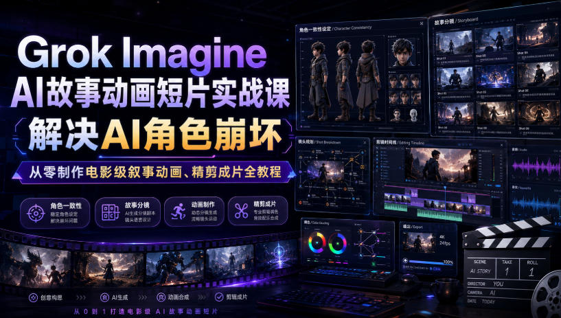Grok Imagine AI故事动画短片实战课｜解决AI角色崩坏，从零制作电影级叙事动画、精剪成片全教程(中英字幕)-御文网