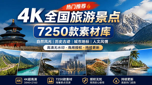 热门全国旅游风景素材！4K全国旅游景点素材库，7250款素材，旅行达人城市航拍风景风光高清短视频-御文网