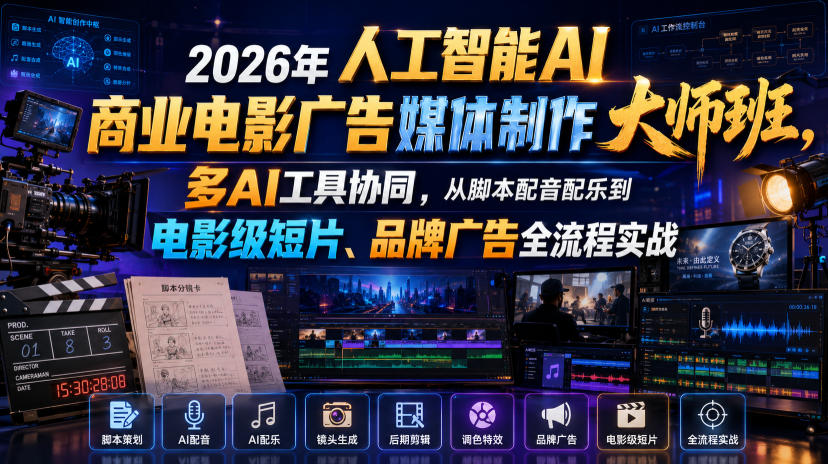 2026年人工智能AI商业电影广告媒体制作大师班,多AI工具协同,从脚本配音配乐到电影级短片、品牌广告全流程实战(中英字幕)-御文网