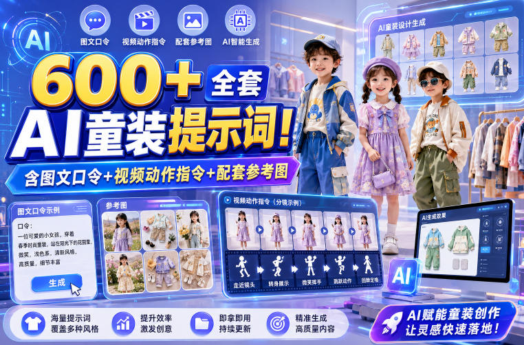 600+全套AI童装提示词！含图文口令+视频动作指令+配套参考图，Word-Excel规整分类，童装电商、种草无脑量产内容！-御文网