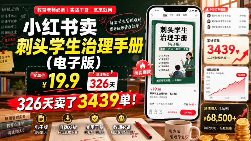 小红书卖刺头学生治理手册(电子版)，客单价19.9，326天卖了3439单！-御文网